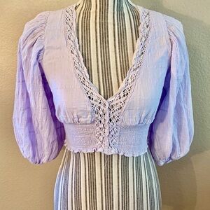 Crop Top Small Grace Lavender Balloon Sleeve V-Neck Lace Smocked Ties